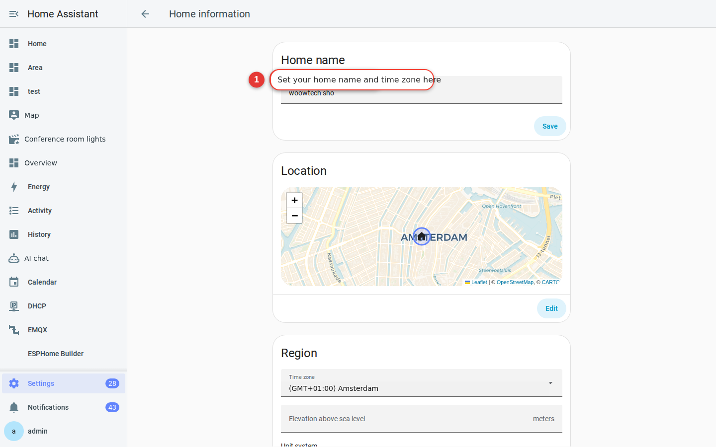 Home information settings page