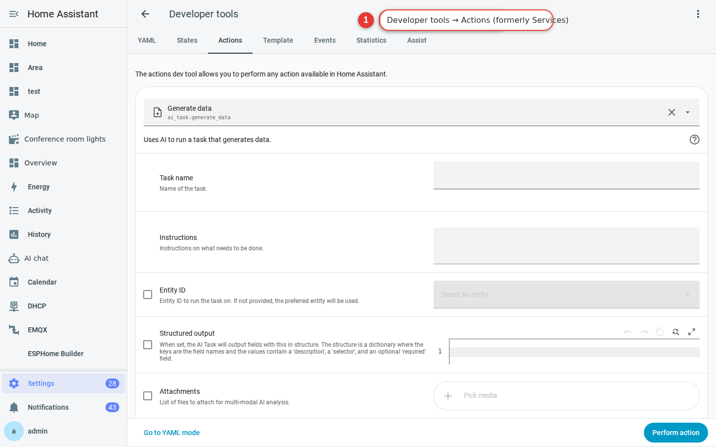 The action interface under Settings, Tools, and Actions